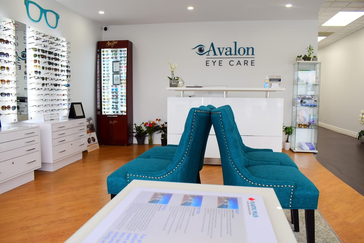 The frame walls and Avalon Eye Care sign inside the optical boutique